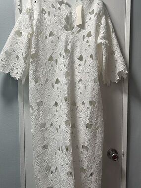 White Floral Crochet Midi Dress by